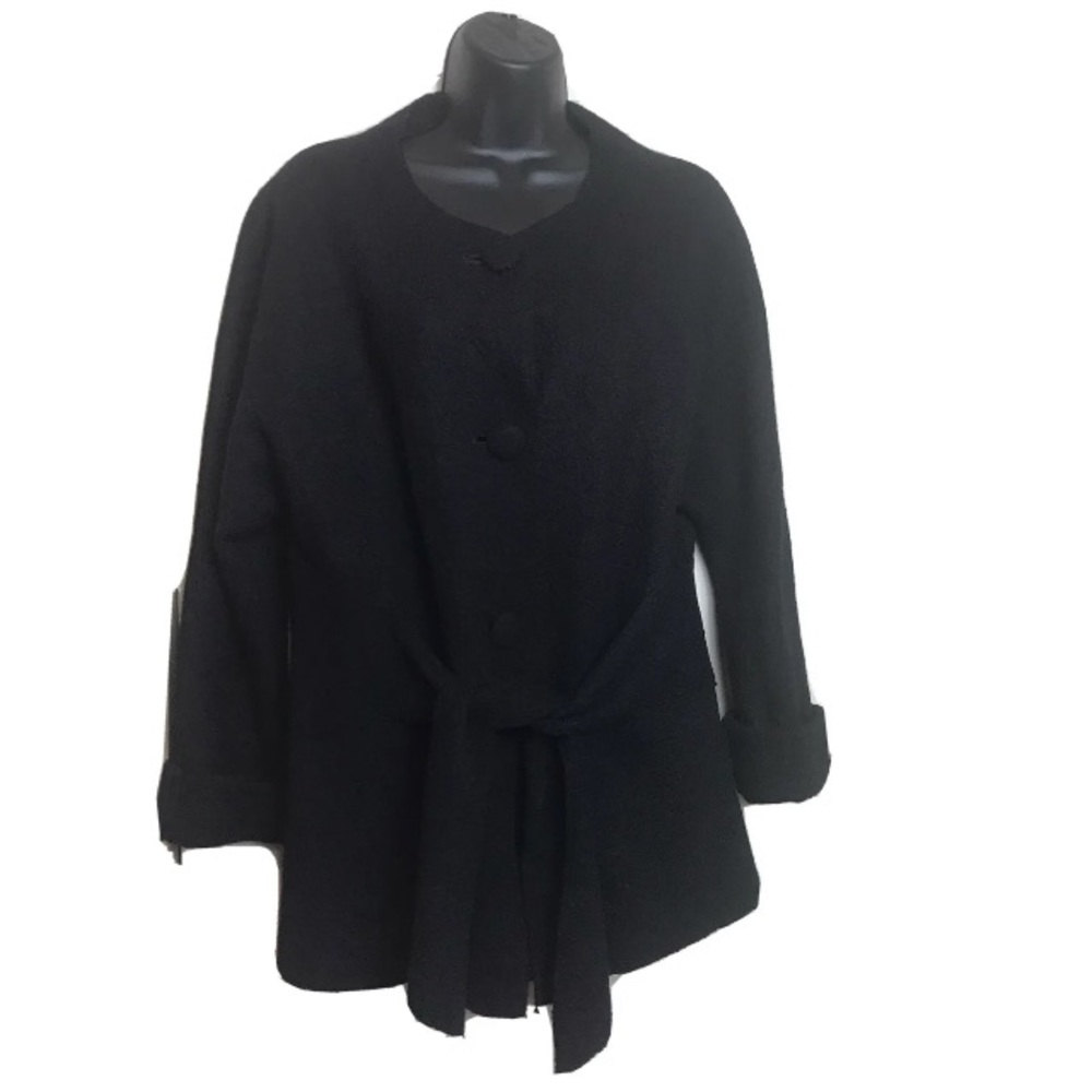TSD Two Star Dog Black 100% Wool Collarless Belted Cardigan Jacket Size Large